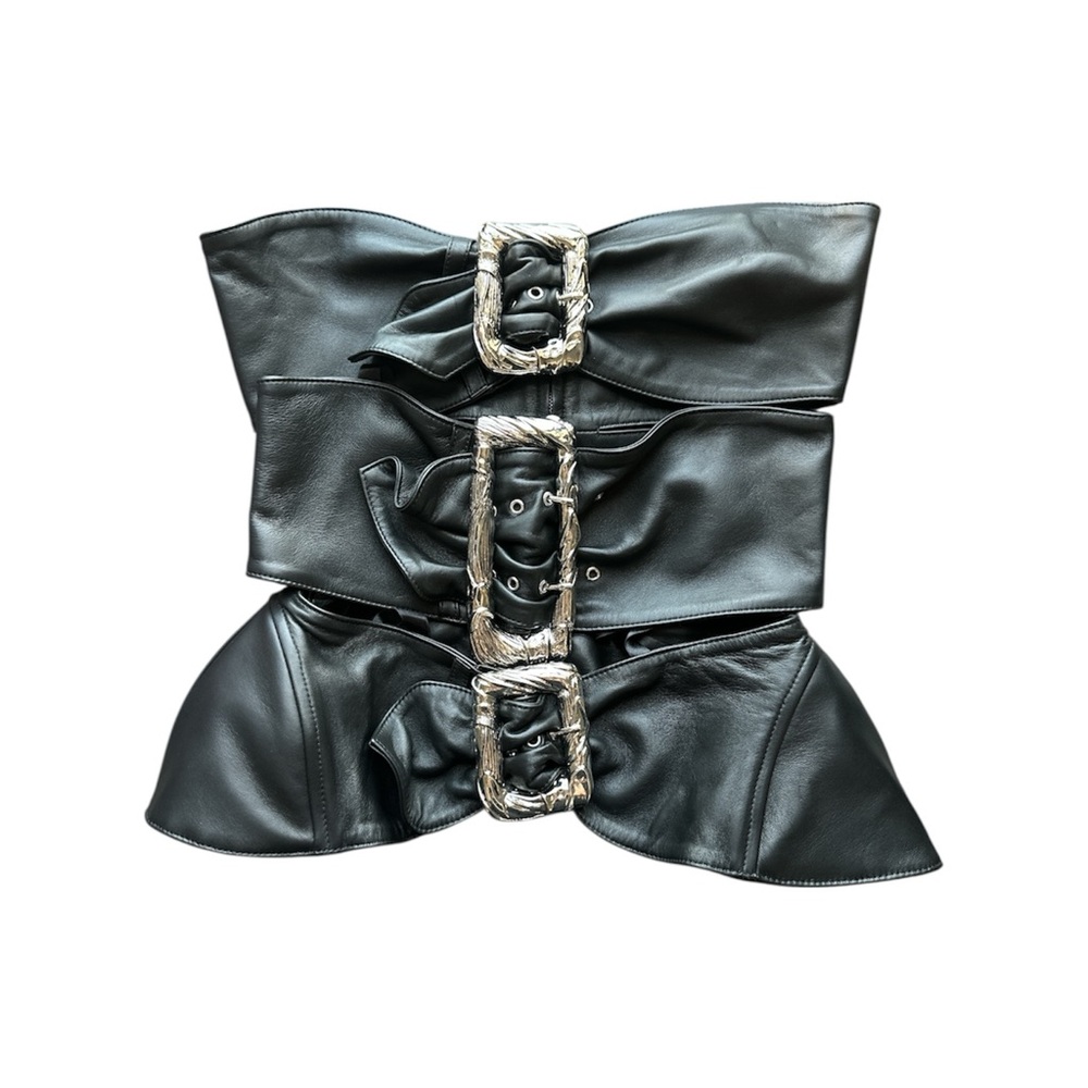 Jean Paul Gaultier Black Leather Buckle Bustier Corset Strapless Top FR40